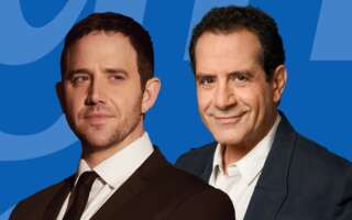 Against a blue background: headshots of Santino Fontana and Tony Shalhoub.