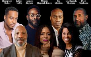 Against a black background: headshots of Hampton Fluker, Jelani Cobb, James Ijames, Nikole Hannah-Jones, Joe Morton, Dr. Ilyasah Shabazz, and Dion Graham. The artists' names appear in white text above their headshots.