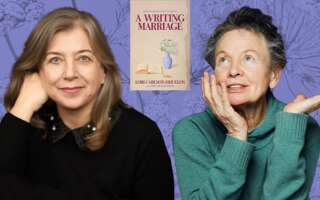 Against a purple background: headshots of Lori Carlson-Hijuelos and Laurie Anderson. The cover of Carlson-Hijuelos's book "A Writing Marriage" appears between the headshots in the center.