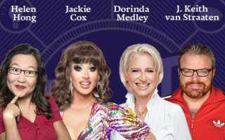 Against a dark blue background: headshots of Helen Hong, Jackie Cox, Dorinda Medley, and J. Keith van Straaten. The artists' names appear in white text above their headshots.
