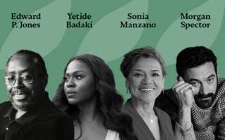 Against a green pattered background: headshots of Edward P. Jones, Yetide Badaki, Sonia Manzano, and Morgan Spector. The artists' names appear in black text above their headshots.