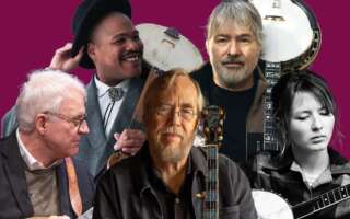 Tony Trischka, Nora Brown, Béla Fleck, Steve Martin, and Jerron Paxton in front of a magenta background.