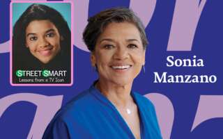 A headshot of Sonia Manzano and the poster for Street Smart: Lessons From a TV Icon.