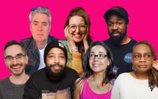 Against a bright pink background: headshots of Bob Powers, Natasha Vaynblat, Ikechukwu Ufomadu, Myq Kaplan, Brandon Collins, Janeane Garofalo, and Shalewa Sharpe.