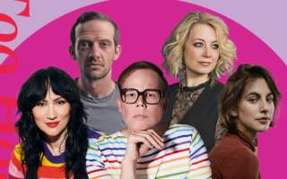 Against a light purple and hot pink background: headshots of Will Brill, Jennifer Mudge, Eden Espinosa, Jeff Hiller, and Madeline Weinstein.