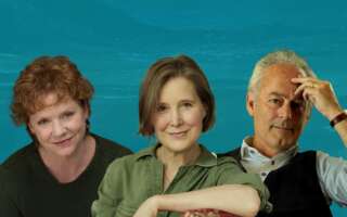 Against a teal background: headshots of Becky Ann Baker, Ann Patchett, and Amor Towles.