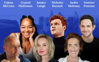 Against a blue background: headshots of Colum McCann, Crystal Dickinson, Santino Fontana, Jessica Lange, and Aedín Moloney. The artists' names appear in white text above their headshots.