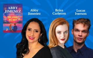Against a blue background: headshots of Abby Jimenez, Brisa Carleton, and Lucas Iverson. The artists' names appear in white text above their headshots. The cover of Jimenez's book The Night We Met appears in the upper left.