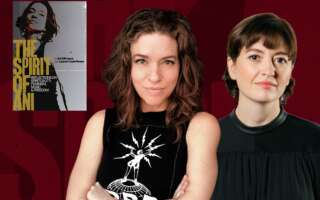 Against a dark red background: headshots of Ani DiFranco and Marielle Heller. The cover of DiFranco's book, The Spirit of Ani, appears in the upper left.