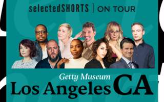Top text: Selected Shorts on Tour. Bottom text: Getty Museum, Los Angeles, CA. Center, against a teal background: headshots of Keith Powell, Liza Weil, Michael Urie, Kirsten Vangsness, Justin Kirk, Milana Vayntrub, Chris Sullivan, Sasheer Zamata, Monica Raymund, and Jason Ritter.