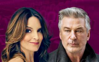Against a purple background: headshots of Tina Fey and Alec Baldwin.