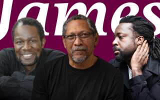 Against a dark purple background: headshots of John Douglas Thompson, Percival Everett, and Marlon James. In the background, white text reading "James" is visible behind the headshots.