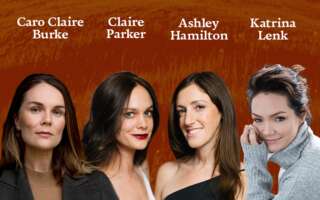 Against a light brown background: headshots of Caro Claire Burke, Claire Parker, Ashley Hamilton, and Katrina Lenk.