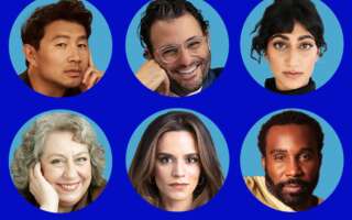 Against a blue background, in light blue circles: headshots of Simu Liu, Arian Moeyed, Sunita Mani, Jane Houdyshell, Sepideh Moafi, and Tramell Tillman