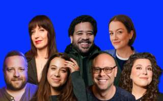 Against a blue background: headshots of Ophira Eisenberg, Tim Barnes, Carley Moseley, Michael Hartney, Ariel Elias, Jon Fisch, and Jenny Zigrino.