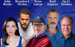 Foreground: headshots of Julie Benko, Brandon J. Dirden, Brian Lehrer, Raúl Esparza, and Jay O. Sanders. The artists' names appear in white text above their headshots. Background: a blue-tinted picture of a baseball diamond from above.