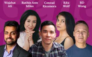 Against a purple background: headshots of Wajahat Ali, Ruthie Ann Miles, Conrad Ricamora, Rita Wolf, and BD Wong. The artists' names appear in white text above their headshots.