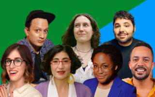 Against a bisected green and blue background: headshots of Michael Cruz Kayne, Blythe Roberson, Raanan Hershberg, Emmy Blotnick, Negin Farsad, Kenice Mobley, and James Mwaura.