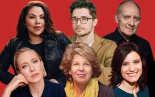 Against a red background: headshots of Florencia Cuenca, Andy Mientus, Zach Grenier, Carrie Coon, Meg Wolitzer, and Susan Pourfar.