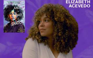 Images of Elizabeth Acevedo and book cover for Anger Is Only a Shadow against purple background.