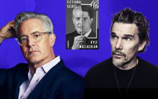 Against a blue background: headshots of Kyle MacLachlan and Ethan Hawke. The cover of MacLachlan's memoir, Fictional Selves, appears in the center of the image.