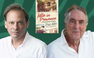 Image of Adam Gopnik, Eric Idle, and Eric Idle's book cover against a green background.