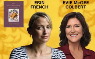Against a yellow patterned background: headshots of Erin French and Evie McGee Colbert. The artists' names appear in black text above their headshots, and the cover of French's book Seize the Supper appears in the upper left.