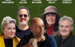 Against a green background: headshots of Kate Mulgrew, Tom Allon, Colum McCann, Mary Pat Kelly, and Ciarán O'Reilly. The artists' names appear in white text above their headshots.