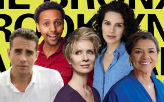 Against a yellow background: headshots of Sonia Manzano, Bobby Cannavale, Cynthia Nixon, Shirley Rumierk, and Sam Kebede. Black background text: Queens, The Bronx, Brooklyn, Manhattan, Staten Island.