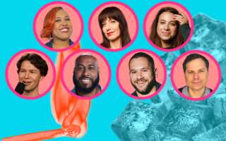 Background: images of an orange burning matchstick and blue ice cubes, against a light blue background. Foreground: headshots of Mia Jackson, Ophira Eisenberg, Arial Elias, Zach Zimmerman, Ray Cordova, Jake Cornell, and Michael Ian Black. The headshots all appear within pink circles.