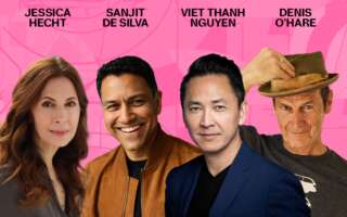 Against a pink background: headshots of Jessica Hecht, Sanjit De Silva, Viet Thanh Nguyen, and Denis O'Hare. The artists' names appear in black text above their headshots.