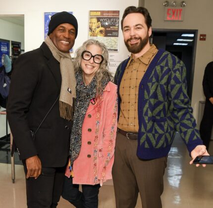 Kathy Landau, Jim Parsons, and Kenny Leon are standing together backstage at an event.